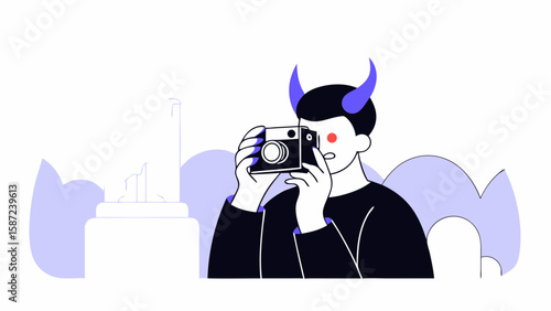 A devilish photographer takes a picture with a vintage camera