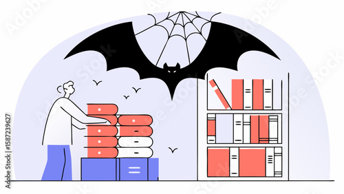A bat hangs over a person stacking books near a bookshelf