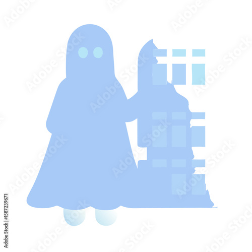 A blue ghost is standing next to a building isolated on white background