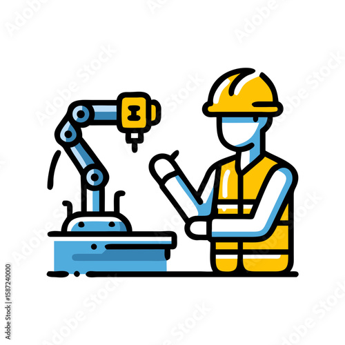 An engineer oversees a robotic arm in a factory, isolated on white background