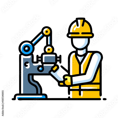 An engineer operates a machine in a factory, isolated on white background
