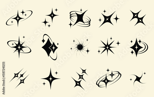 stars with orbit line set vector, sparkling icon and startlihgt vector set, stylized sparkling frame and border. icon and symbol concept
