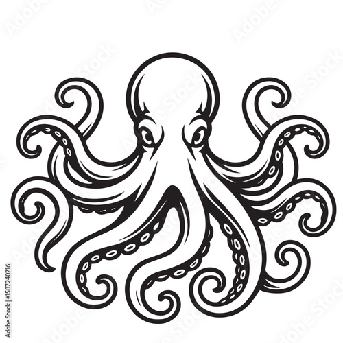 The octopus vector illustration shows a graceful aquatic shape in black and white, framed with strong contour lines to highlight its natural movement.

