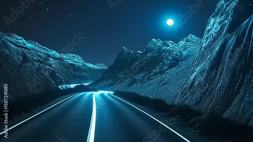 Serene night landscape featuring a winding road illuminated by moonlight amidst rocky mountains