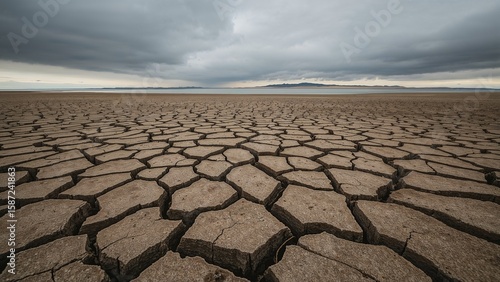 A stark, expansive landscape of intricately cracked earth spreads dramatically under a brooding, overcast sky, reaching towards a distant, serene lake and subtle mountain range, powerfully symbolizing