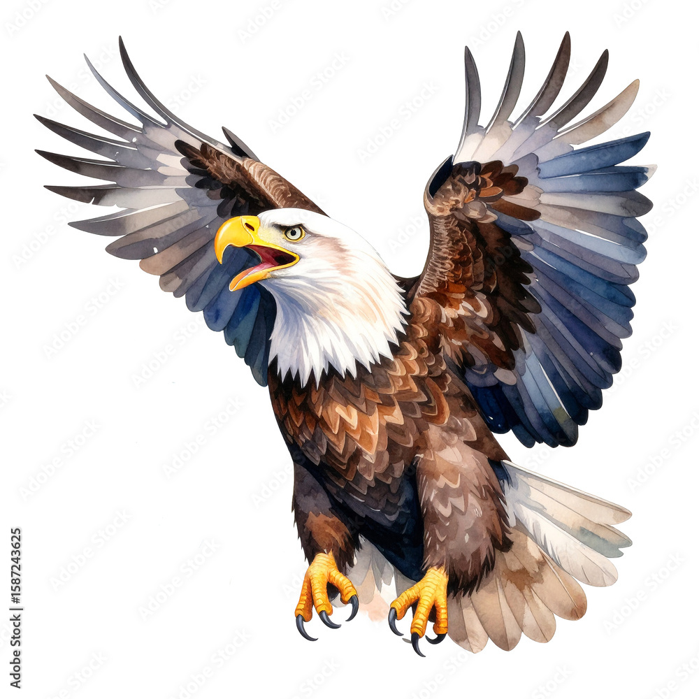 Fototapeta premium soaring Eagle: This impressive watercolor illustration captures a majestic bald eagle in flight. The eagle’s wings are spread wide, showcasing detailed feathers against a plain background.