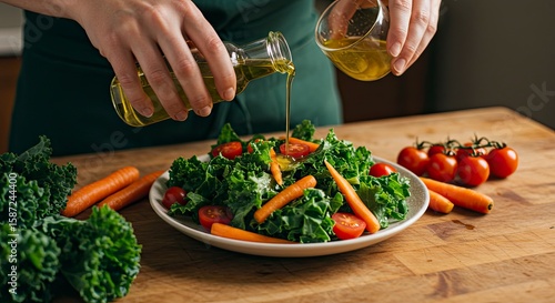Olive Oil Drizzling on Kale Salad with Carrots and Tomatoes, Healthy Eating