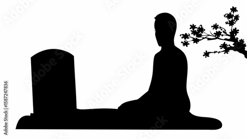 Silhouette of a person sitting near a tombstone with a flowering tree branch in the background black and white