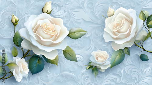 Elegant White Roses with Buds on Floral Background.