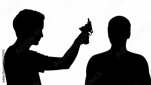 Silhouette of a person pointing a gun at another person in a stark black and white illustration style