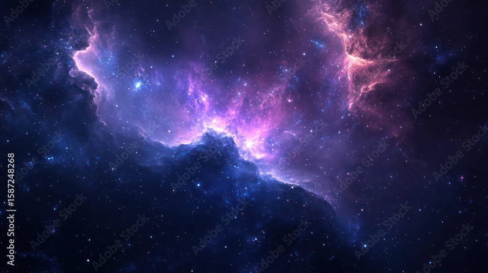 Fototapeta premium Deep space nebula with vibrant colors. Vast expanse of cosmic clouds in shades of purple, pink, and blue, interspersed with scattered stars