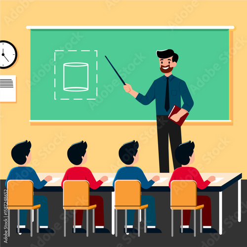 Teacher instructing students about a cylinder shape on a green chalkboard in a classroom setting.