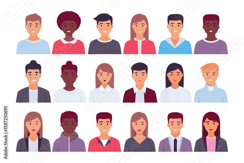 Diverse Portraits: A vibrant collection of diverse individual portraits showcasing a variety of unique faces, hair, skin tones, and expressions, representing a tapestry of personalities.
