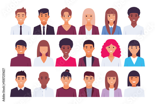 Portrait Collection: A vibrant array of diverse individual portraits. Each captures unique features, expressions, and a modern aesthetic. Perfect for illustrating human diversity and individuality.