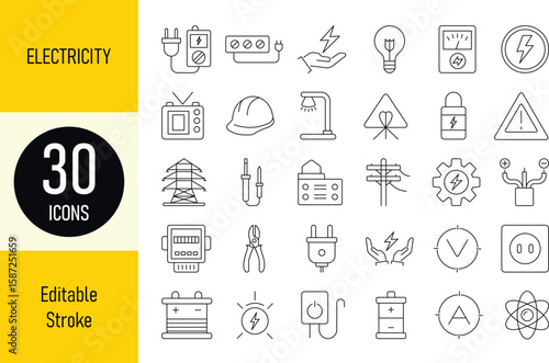 Electricity Line Icon Set Power and Energy Vector Symbols outline style with editable stroke