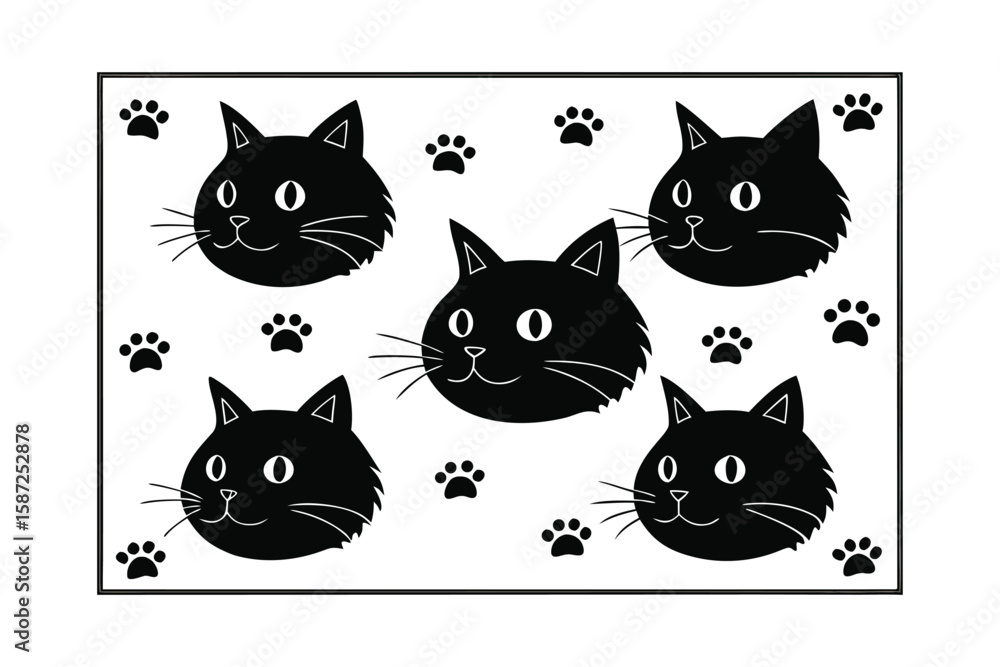Fototapeta premium Whimsical black cat faces and paw prints pattern