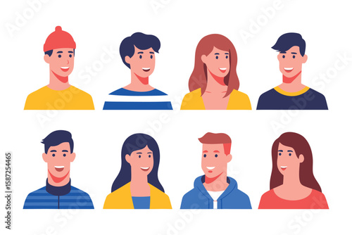 Diverse Portraits of Happiness: a collection of charming individuals, each radiating a unique smile and displaying diverse hairstyles and outfits, symbolizing the spectrum of human joy and positivity.