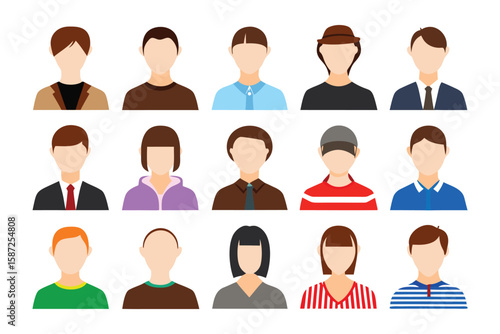 Generic Avatar Icons: Collection of 15 diverse and simple avatar icons, suitable for website, app, or social media profiles.  Each icon features a unique hairstyle and clothing style.