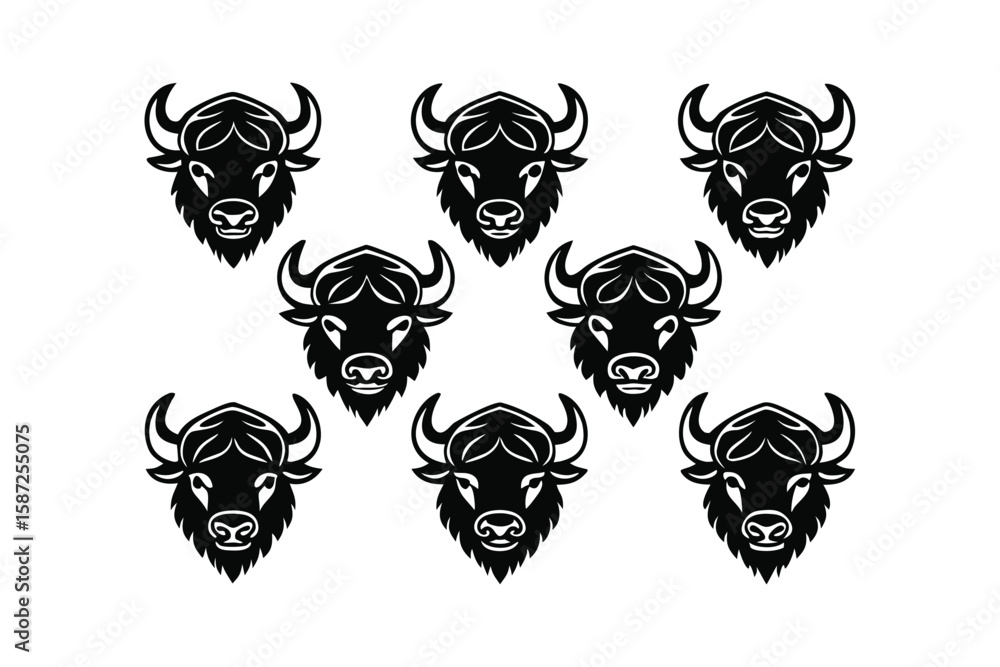 Obraz premium Collection of stylized black buffalo heads on a white background