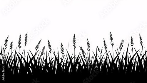 Black and white minimalist grass silhouette; nature border, simple design, elegant and serene mood.