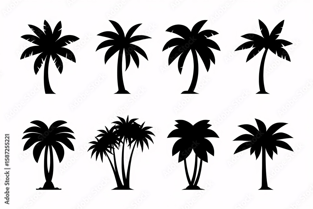 Fototapeta premium Collection of eight stylized black palm tree silhouettes; tropical, summer, vacation, design elements.