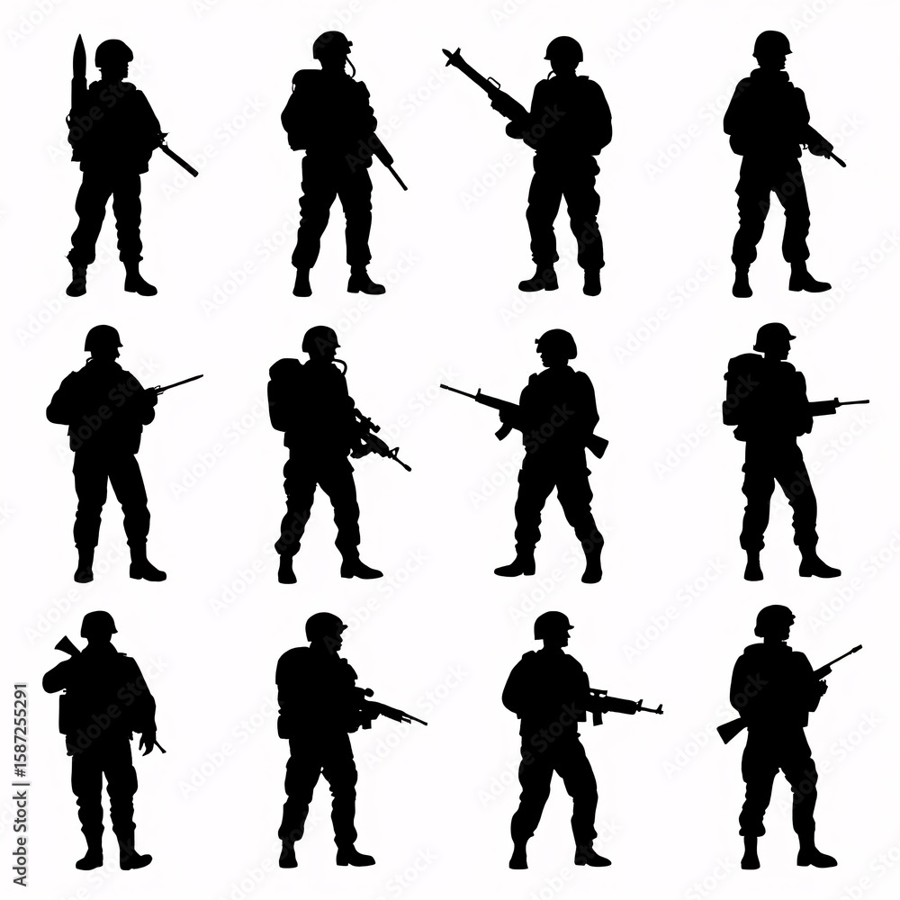 Obraz premium Twelve Silhouettes of Armed Soldiers in Combat Gear, Black and White, Military Stock Image