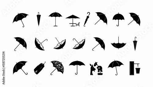 Collection of Black and White Umbrella Icons: Various Styles, Open and Closed, Simple Graphic Design.