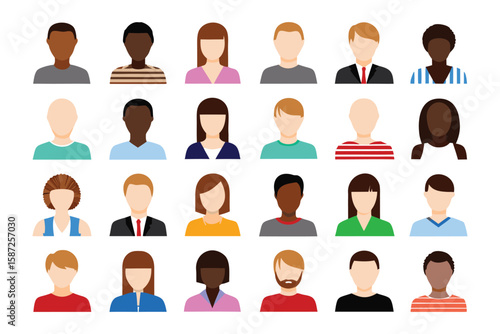 Diverse Avatars: A vibrant collection of diverse avatars showcases a range of ethnicities, genders, and styles, perfect for representing inclusivity and individuality.