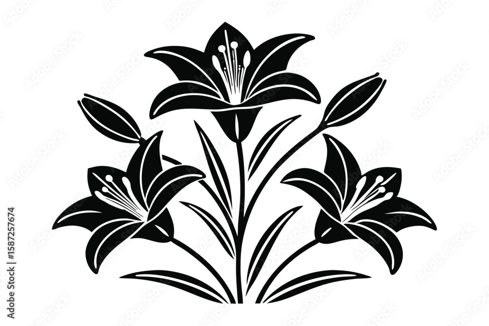 Elegant black and white stylized lily flower arrangement design Elegant black and white stylized lily flower arrangement design