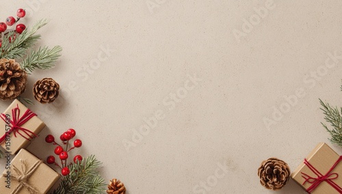 Christmas ornaments, gifts, and pine cones arranged on a light beige background