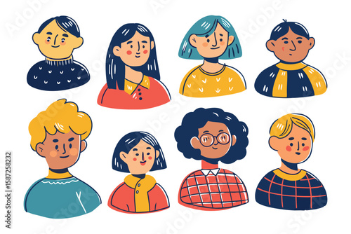 Diversity in Portraits: A set of illustrated portraits showcasing various people with unique features and personalities. Emphasizing individuality and self-expression.