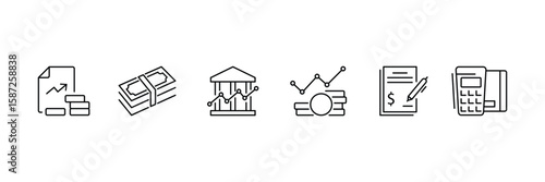 Finance and business icon set. Financial tools, business operations, growth analysis symbol.