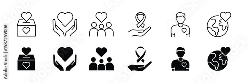 Charity and donation icon set. Charity and love. Volunteer symbol.