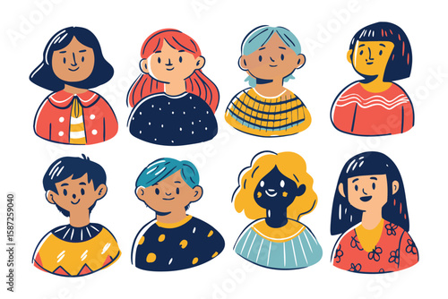 Joyful Faces: A collection of diverse, illustrated faces, each with a unique expression. Displaying a range of emotions and backgrounds, celebrating the beauty of human variety.