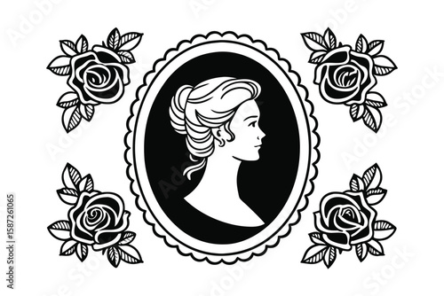 Elegant silhouette of a woman in a cameo surrounded by roses