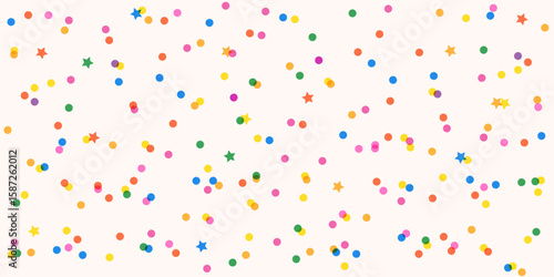 Little dots and stars confetti seamless pattern with texture and transparent effect. Colorful random tiny rounds and star elements pattern