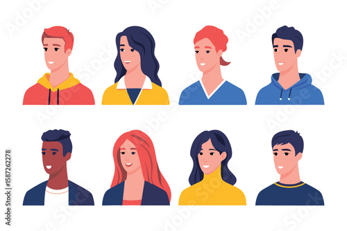 Diverse Portraits of Young Adults: a vibrant illustration showing an array of young adults, each with their unique expressions, hairstyles and skin tones. Reflecting diversity and individuality