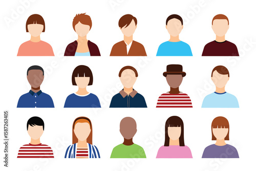 Diverse Avatar Collection: An array of diverse avatars, representing a spectrum of backgrounds and styles, showcasing the varied faces and personalities within the modern digital landscape.