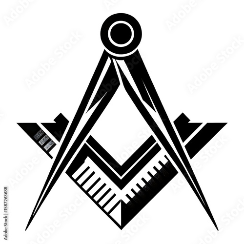Highly stylized black and white Masonic Square and Compasses symbol. A geometric Freemasonry emblem representing brotherhood and wisdom.