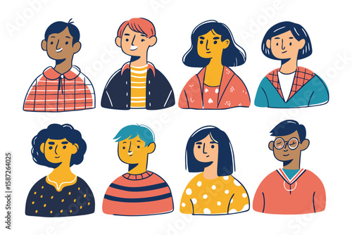 Illustrative Portraits of Diversity: A vibrant collection of diverse character portraits, each with unique features and expressions, showcasing the beauty of individuality and the mosaic of humanity.