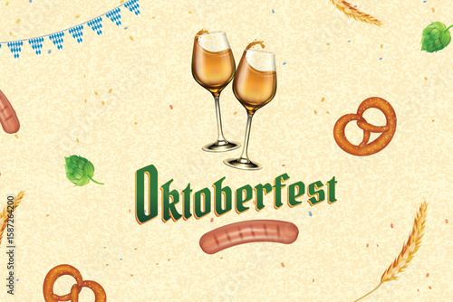 Oktoberfest Beer Festival Elements on Pastel Beige Background. Vector Illustration of Wine Glass, Bretzel, Sausage, Hops and Bavarian Flag.