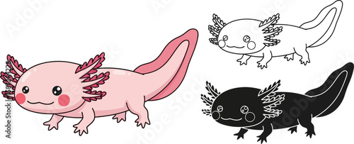 Cute cartoon axolotl in pink, black and white for kids design elements