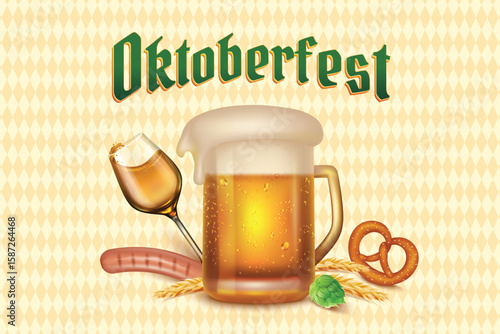 Oktoberfest Beer Festival Elements on Bavarian Flag Pattern Yellow Background. Vector Illustration of Beer Mug, Bretzel, Sausage and Hops.