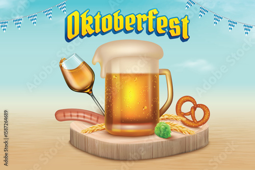 Vector Illustration of Beer Mug with Bretzel, Sausage and Hops on Wooden Podium. Oktoberfest Beer Festival Vector Illustration on Outdoor Sky Background.