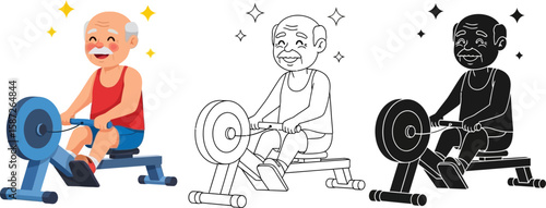 Senior man exercising on rowing machine for fitness and health