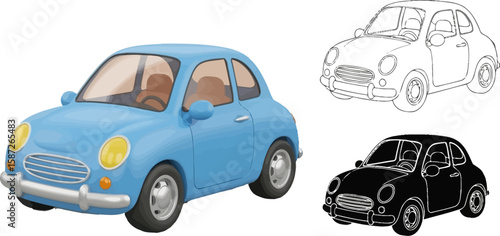 Adorable cartoon blue car showcases various rendering styles on white