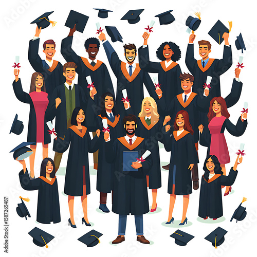 Vibrant illustration of diverse happy graduates in academic gowns celebrating with diplomas and throwing caps. College success.