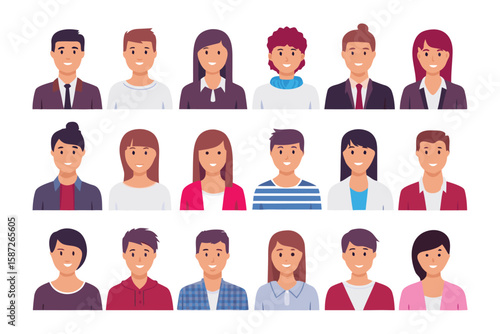 Diverse People Faces: An array of stylized portraits, each representing a unique individual, showcases a spectrum of appearances and personalities, perfect for illustrating diversity and inclusion. 