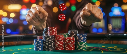 Gaming Action with Colorful Dice and Stacked Casino Chips
