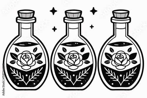 Three vintage potion bottles featuring roses and botanical elements